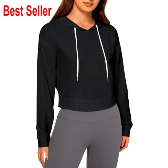 Backless Cropped Hoodie Open Back Workout Activewear Pullover Long Sleeve - Picture 5 of 6